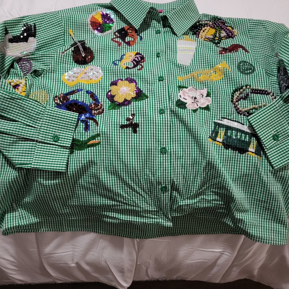 Queen Of Sparkles Green Checkered Shirt with Mardi Gras Sequin Designs